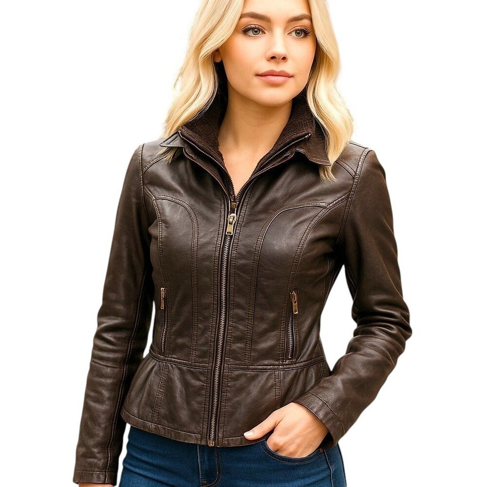 Montana Company Faux Leather Brown Jacket with Knit Hood Size Small Defects